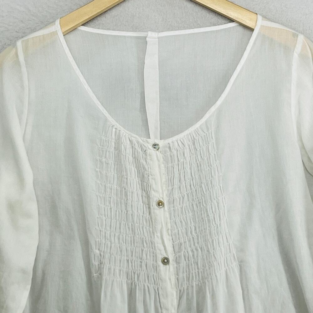 EILEEN FISHER Top M Organic Cotton Voile Smocked Button Up Long Sleeve White - Picture 3 of 13